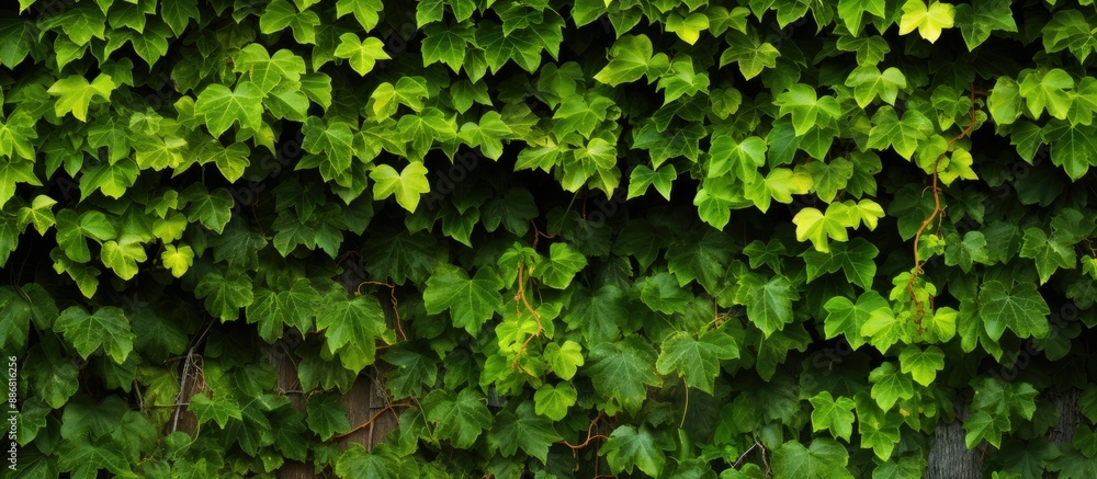 A natural wallpaper featuring ivy leaves and wild green grapes with copy space image, suitable for decorating garden hedges or yards with Parthenocissus quinquefolia vines. A natural wallpaper featuring ivy leaves and wild green grapes with copy space image, suitable for decorating garden hedges or yards with Parthenocissus quinquefolia vines.