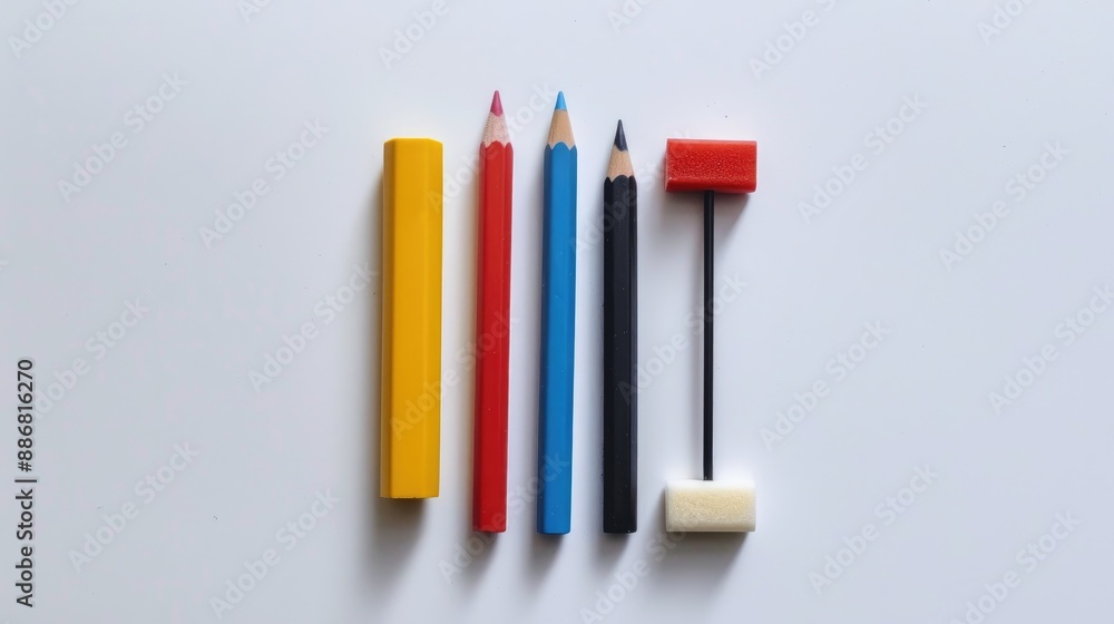 3 writing tools 2 erasers against white backdrop 3 writing tools 2 erasers against white backdrop