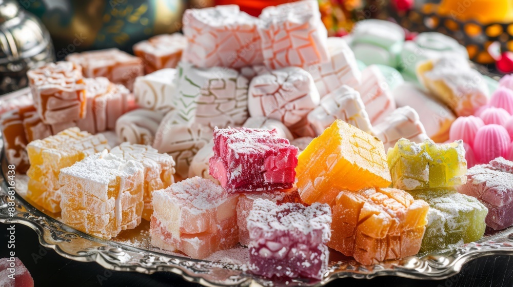 A platter of traditional Turkish delight sweets in various flavors and colors. A platter of traditional Turkish delight sweets in various flavors and colors.