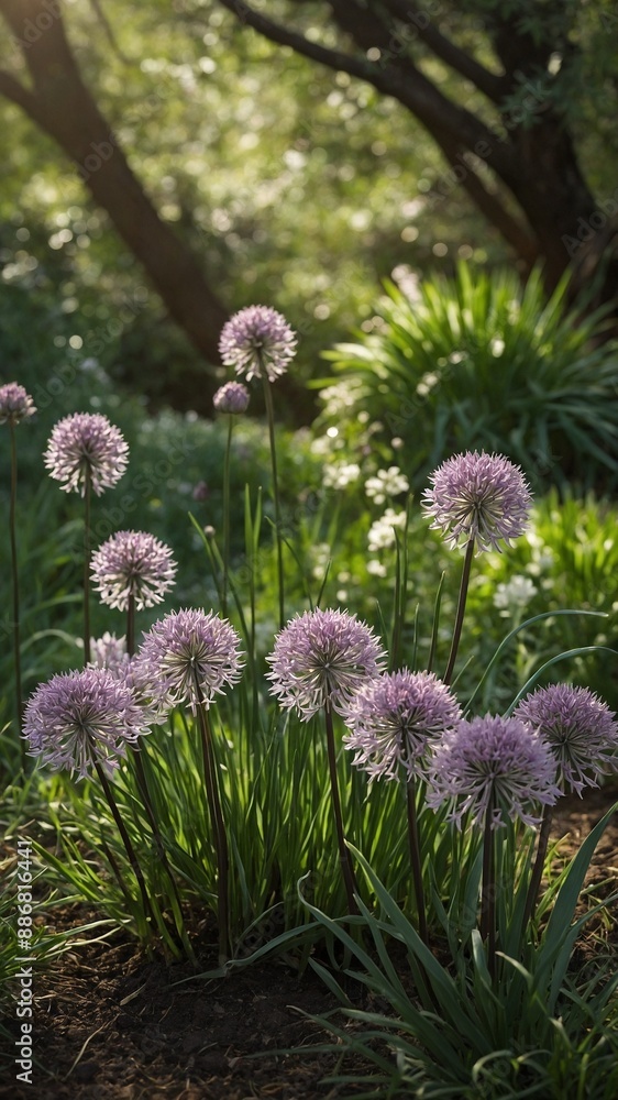 Obraz premium Amidst dappled sunlight, tall purple flowers sway gracefully in lush garden. Their spherical blooms adorn slender green stems, creating tranquil scene. Light, shadow play upon foliage.