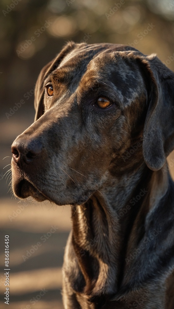 Dog, its brindle coat gleaming, gazes into distance with amber eyes. Intricate fur patterns, reflective eyes create arresting portrait. Close-up, attentive, bokeh background. Dog, its brindle coat gleaming, gazes into distance with amber eyes. Intricate fur patterns, reflective eyes create arresting portrait. Close-up, attentive, bokeh background.