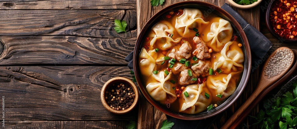 Table with a soup bowl containing dumplings and meat, positioned for a copy space image. Table with a soup bowl containing dumplings and meat, positioned for a copy space image.