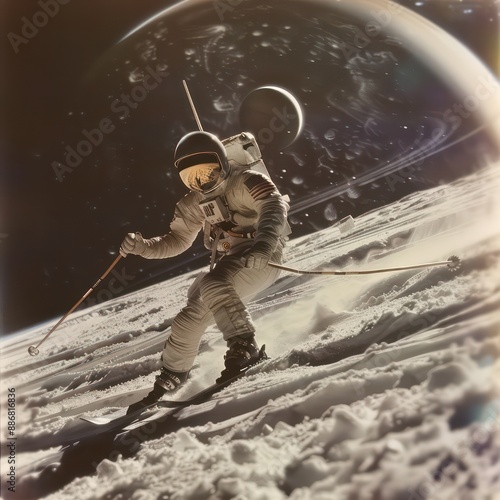 A man in a spacesuit is skiing on a snowy surface