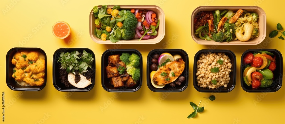 Organic daily meals for delivery displayed on a yellow surface with copy space image; featuring a clean eating concept, fitness nutrition, and healthy food in foil boxes from a top view. Organic daily meals for delivery displayed on a yellow surface with copy space image; featuring a clean eating concept, fitness nutrition, and healthy food in foil boxes from a top view.