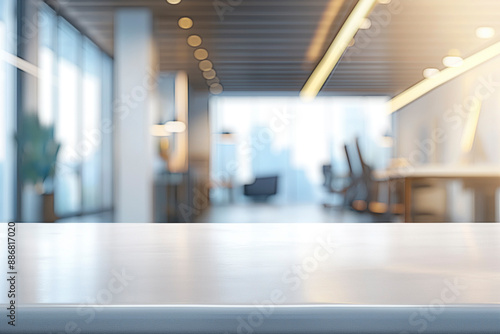 Modern stylish office mockup with table in focus. Background blurred copy space