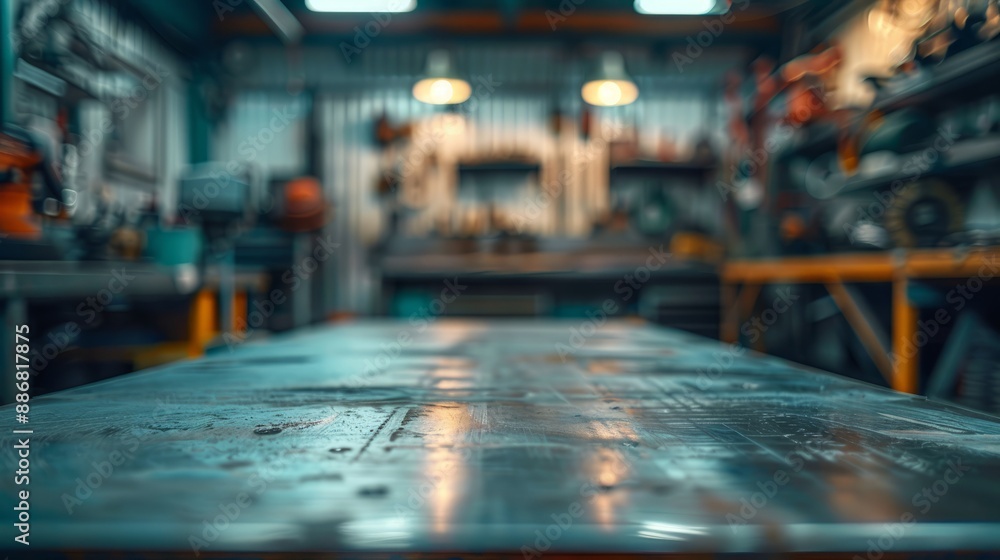 A metal blank tabletop with blurred automotive tools and parts in the background suitable for promoting automotive products A metal blank tabletop with blurred automotive tools and parts in the background suitable for promoting automotive products