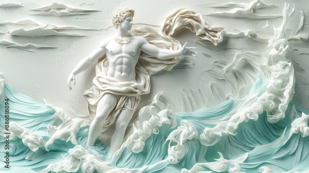 Greek mythology god, white status carving on wall 