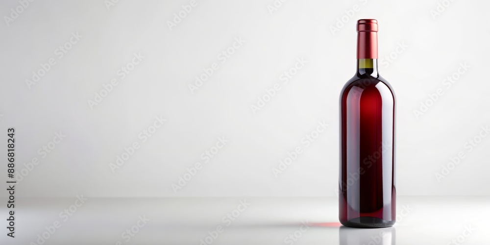 A single bottle of red wine on a white background, with a red foil capsule and a clear glass bottle, Wine Bottle, Red Wine, Beverage, Alcohol