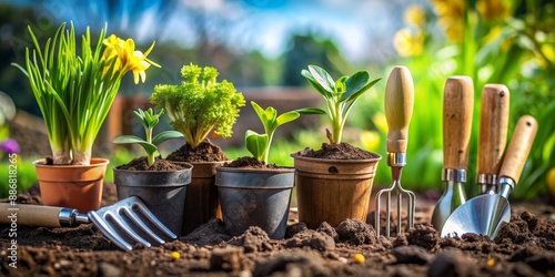 A Row of Plants in Pots with Gardening Tools, Garden , Gardening , Potted Plants , Springtime