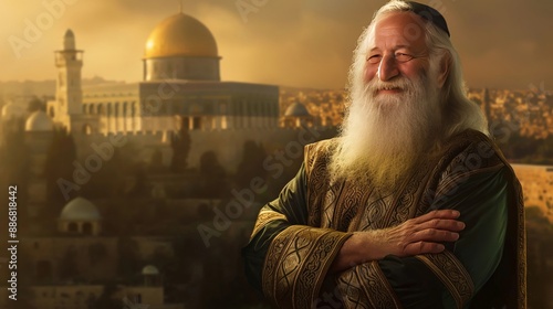 Elderly Man with White Beard by Historic Dome in Jerusalem, Solemn Religious and Cultural Setting for Heritage and Faith
