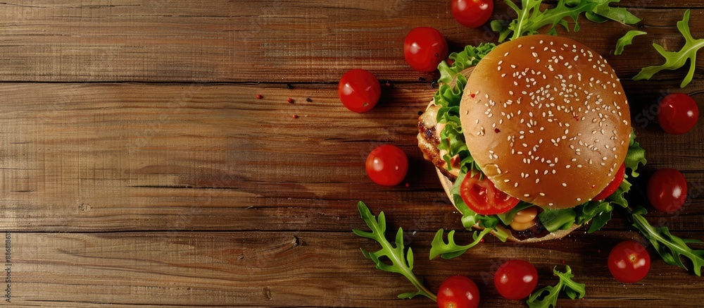 A hamburger with chicken, tomatoes, and green salad is placed on a wooden table in the copy space image. A hamburger with chicken, tomatoes, and green salad is placed on a wooden table in the copy space image.