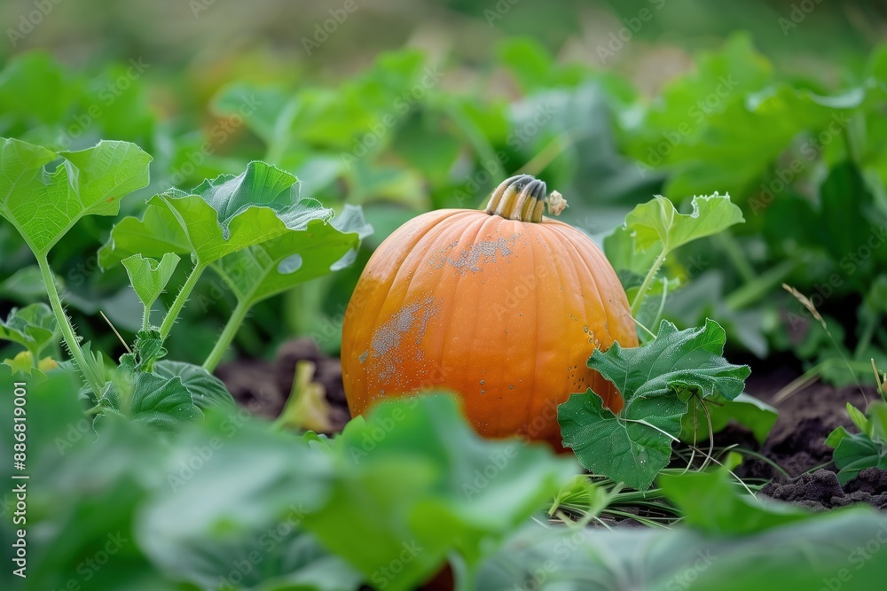 Obraz premium Vibrant orange pumpkin rests on garden ground amidst rich green plants. Small plant sprouts nearby adding to scene lushness. Garden setting with natural beauty and growth.