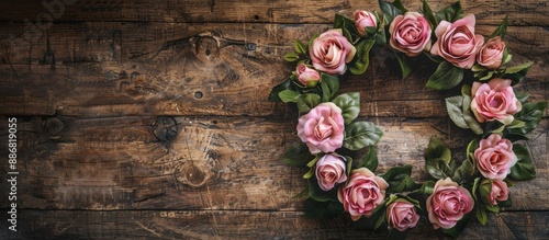 Valentine's Day background featuring a floral arrangement of pink roses in a wreath on a wooden backdrop. Flat lay perspective with a top view, ideal for copy space image.