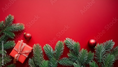 Christmas banner with fir tree and gift on red background. Greeting card. Winter holiday. Happy New Year. Space for text. Top view. Flat lay.