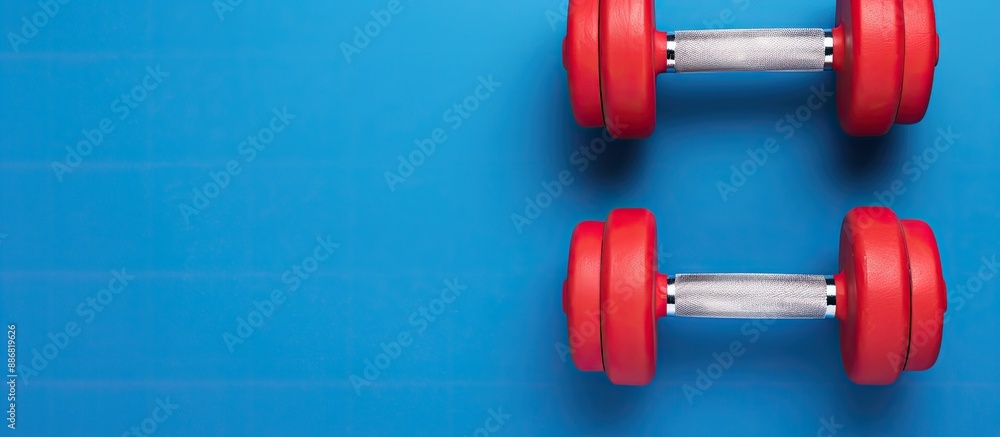 Blue dumbbells rest on a red-blue surface, highlighting a healthy lifestyle, with a clear area for text, perfect for a top-view copy space image. Blue dumbbells rest on a red-blue surface, highlighting a healthy lifestyle, with a clear area for text, perfect for a top-view copy space image.