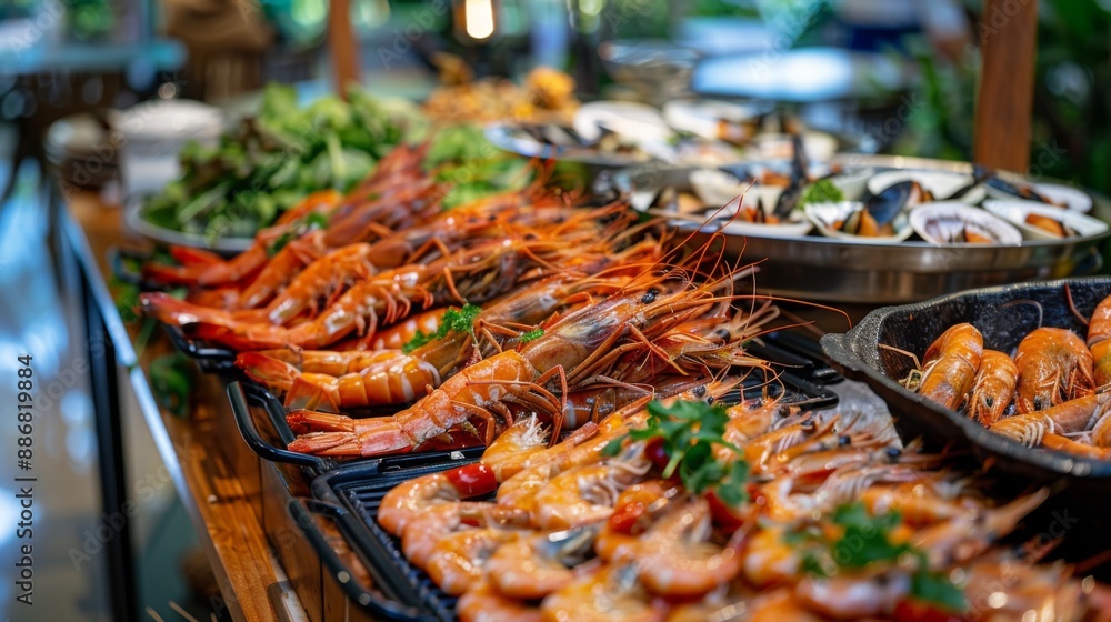 Obraz premium A seafood buffet table featuring a variety of grilled shrimp dishes and accompaniments.