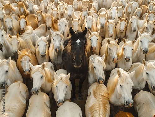 A black horse stands in the center of an endless herd of white horses photo