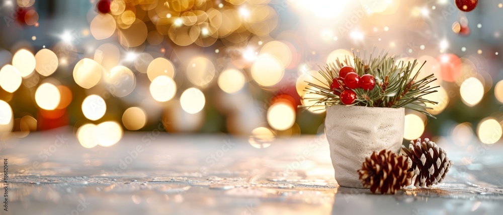 A small potted plant sits atop a table, accompanied by a pine cone and a Christmas ornament A small potted plant sits atop a table, accompanied by a pine cone and a Christmas ornament