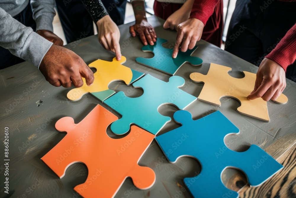 A team is assembling a jigsaw puzzle, each piece representing a different aspect of their business vision and goals, the teamwork concept A team is assembling a jigsaw puzzle, each piece representing a different aspect of their business vision and goals, the teamwork concept