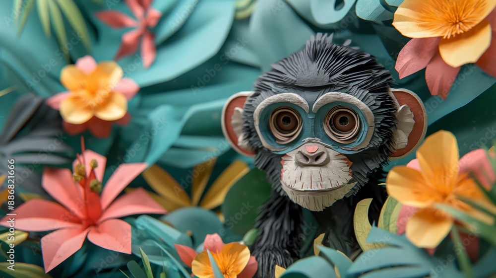 baby chimpanzee in jungle, cute paper cut style illustration, nursery baby animal concept, baby chimpanzee in jungle, cute paper cut style illustration, nursery baby animal concept,