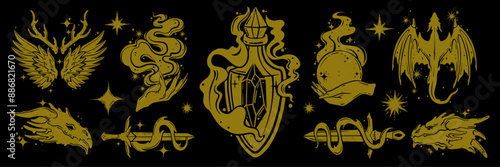 Fantasy linocut stamp set, vector magic fairy tale engraving dragon, alchemy witch hand, spell, star. Mystic logotype collection, spiritual symbol, potion icon wizard sword. Witchcraft fantasy linocut