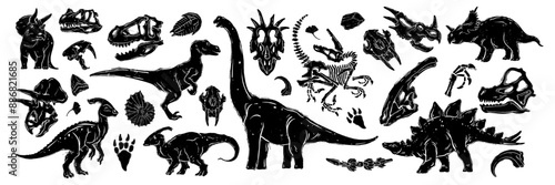 Linocut dinosaur set, dino fossil print collection, skeleton vector silhouette, prehistoric monster. Diplodocus outline print, woodcut engraving Jurassic reptile sticker, skull. Linocut dinosaur stamp