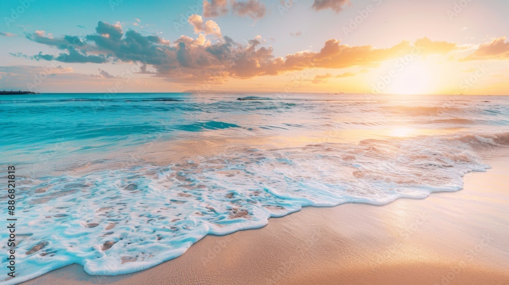 A serene beach at sunset with gentle waves lapping against the shore, showcasing vibrant colors in the sky. A serene beach at sunset with gentle waves lapping against the shore, showcasing vibrant colors in the sky.