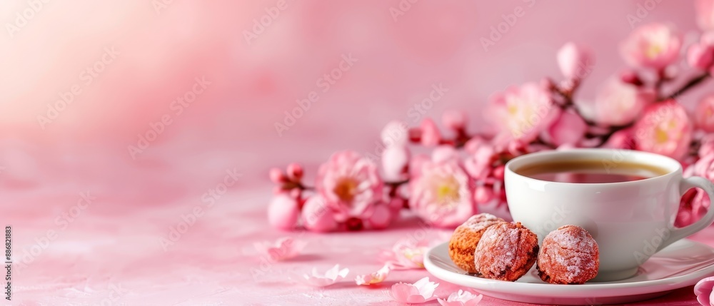 A cup of coffee on a saucer, next to a plate of doughnuts, against a pink background with pink flowers A cup of coffee on a saucer, next to a plate of doughnuts, against a pink background with pink flowers