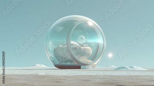 Fototapeta Naklejka Na Ścianę i Meble -  Sci-fi scene of a space station orbiting a habitable moon, with domed habitats and terraformed landscapes. Illustration, Image, , Minimalism,