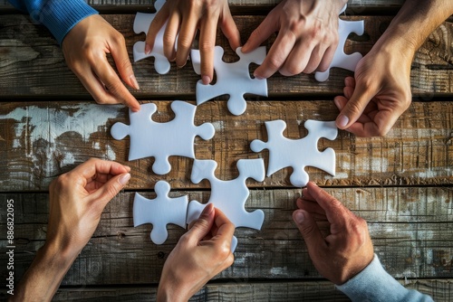 A team is assembling a jigsaw puzzle, each piece representing a different aspect of their business vision and goals, the teamwork concept