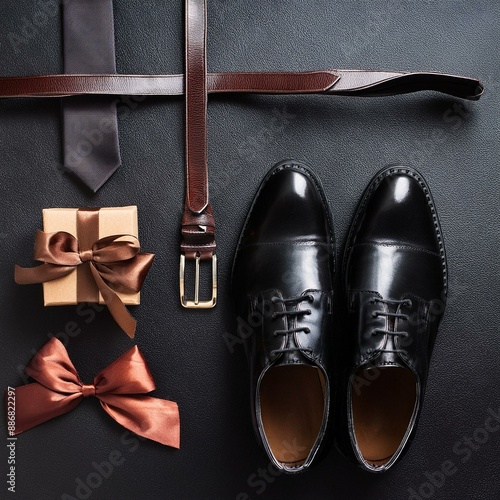 Set of classic mens accessories - shoes, belt and gift on black background. Top view. Flat lay. Concept mens design and Fashion. Father's Day.
