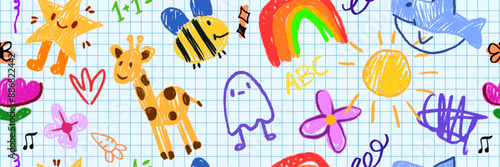 Kids doodle seamless pattern, back to school vector cartoon scribble texture, naive flower, star. Children kindergarten hand drawn copybook sheet grid, funny colorful baby textile. Kids doodle print