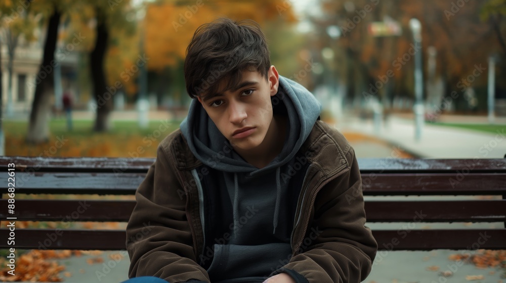 Pensive Eastern European Teenager on Park Bench in Autumn, Ideal for Youth Mental Health Awareness Campaigns, Print Designs, Posters Pensive Eastern European Teenager on Park Bench in Autumn, Ideal for Youth Mental Health Awareness Campaigns, Print Designs, Posters