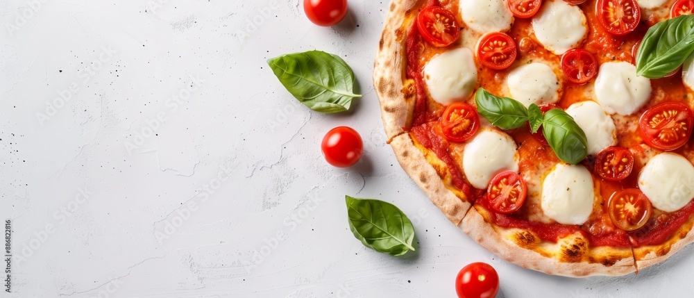 Close-up of tomato-topped pizza with mozzarella on a pristine white backdrop Basil leaves surround the edge Close-up of tomato-topped pizza with mozzarella on a pristine white backdrop Basil leaves surround the edge