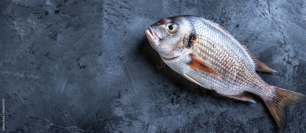 Sea bream fish displayed on a dark background with ample copy space. Sea bream fish displayed on a dark background with ample copy space.