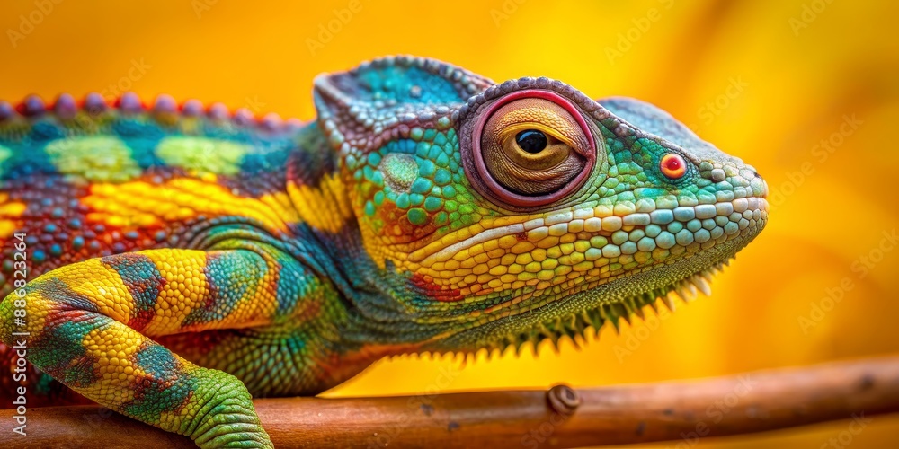 Chameleon Portrait Close-up of a Vibrant Reptile with a Yellow Background, Reptile, Chameleon, Macro, Wildlife Chameleon Portrait Close-up of a Vibrant Reptile with a Yellow Background, Reptile, Chameleon, Macro, Wildlife