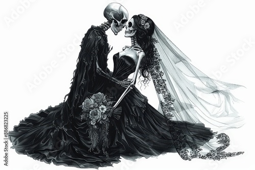 Gothic Skeleton Wedding Embrace Illustration