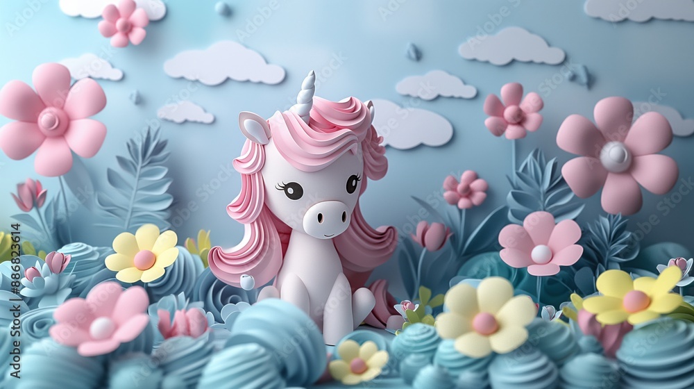 Naklejka premium baby unicorn in enchanted flower garden, cute paper cut style illustration, nursery baby animal concept,