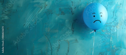 A stock photo features a blue balloon on a matching background with a drawn sad face, symbolizing the concept of Blue Monday with copy space image. photo