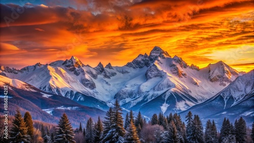 Fiery Sunset Over Snowy Peaks, Mountains, Sunrise, Winter, Nature