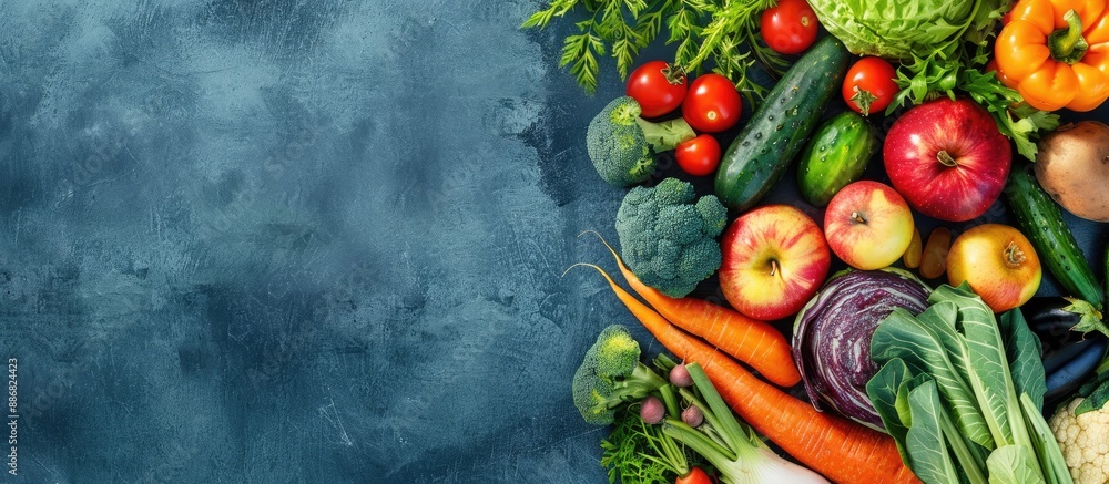 Top-down studio shot of various vibrant fruits and vegetables like carrots, beetroot, cucumbers, apples, and more with copy space image. Top-down studio shot of various vibrant fruits and vegetables like carrots, beetroot, cucumbers, apples, and more with copy space image.