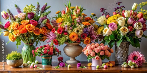 Wallpaper Mural Floral Still Life with Four Bouquets, Roses, Tulips, and Other Blooms, Vases on Wooden Table, Flower Arrangement, Still Life Photography Torontodigital.ca