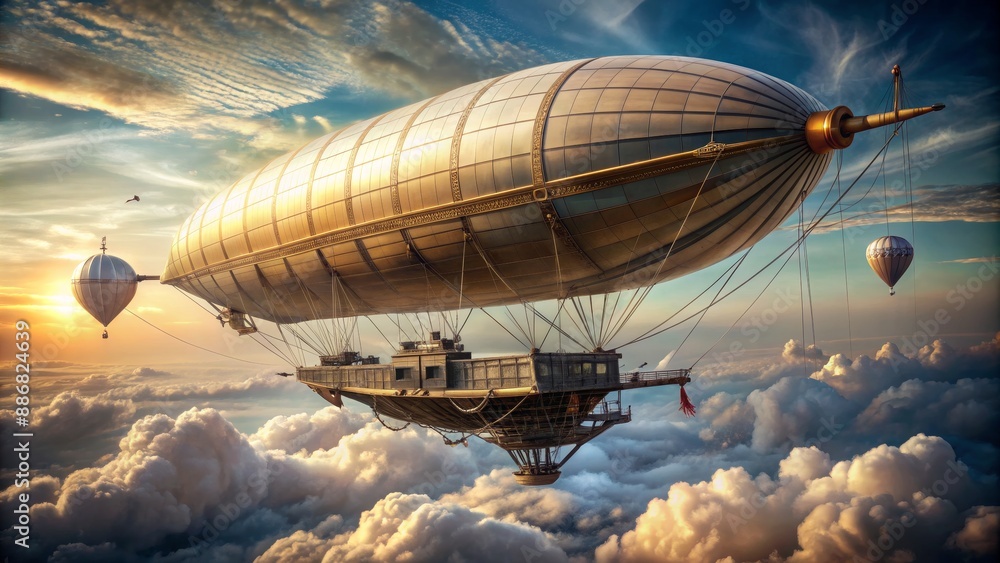 Obraz premium Golden Airship Soaring Through Clouds, Airship , Steampunk , Fantasy , Sky