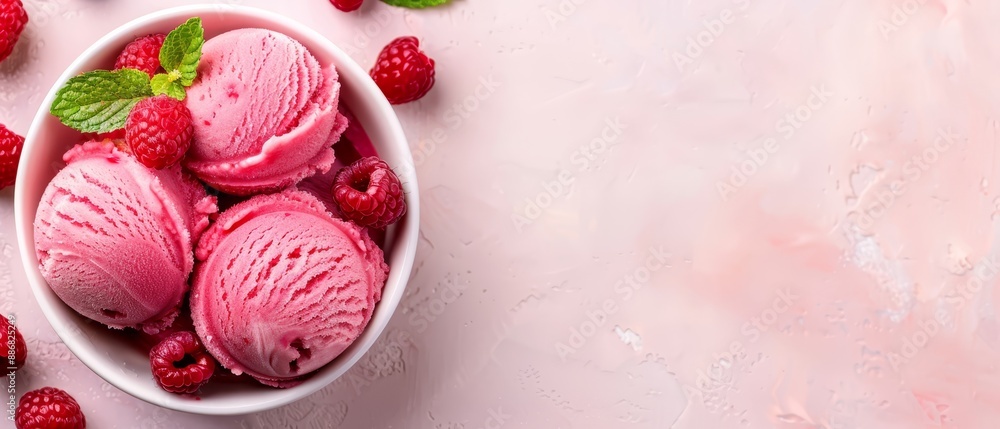 Raspberry ice cream in a pristine white bowl, garnished with fresh raspberries and fragrant mint leaves against a softly hued pink backdrop Raspberry ice cream in a pristine white bowl, garnished with fresh raspberries and fragrant mint leaves against a softly hued pink backdrop