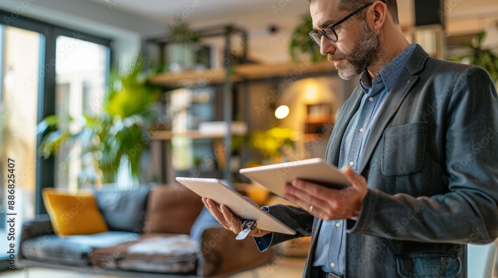 Digital Real Estate Marketing concept, a real estate agent uses a tablet to show a listing of properties to clients, digital real estate Digital Real Estate Marketing concept, a real estate agent uses a tablet to show a listing of properties to clients, digital real estate