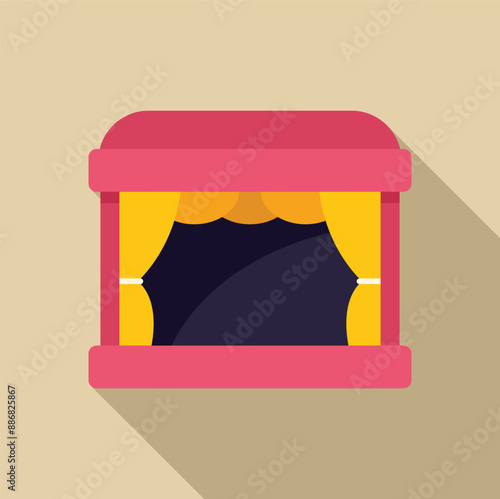 Pink puppet theater stage with yellow curtains closed, flat design illustration