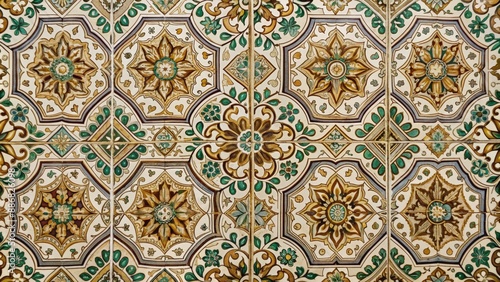 Intricate Floral Tilework, Green and Gold Tones, Traditional Pattern, Ceramic Art , tile art, floral pattern , Moroccan tiles