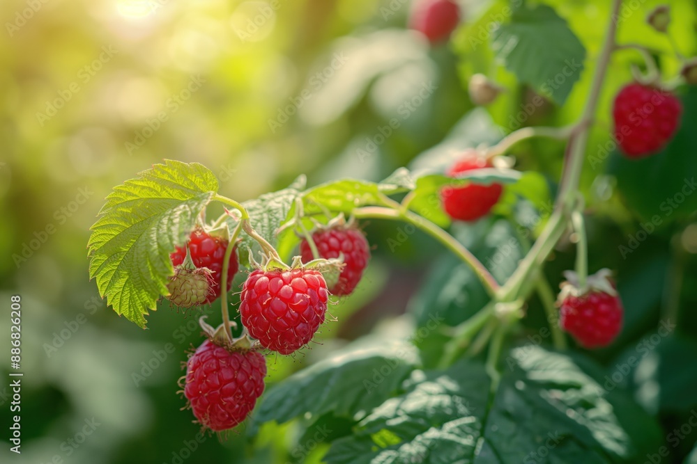 Ripe raspberry bush on hillside with rich plants. Fresh fruit plant in garden setting. Vibrant red berries contrast against natural backdrop. From below, perspective looks up at laden branches. Ripe raspberry bush on hillside with rich plants. Fresh fruit plant in garden setting. Vibrant red berries contrast against natural backdrop. From below, perspective looks up at laden branches.