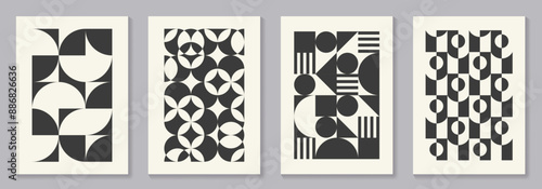 Retro set of black and white geometric vector pattern minimal posters with 20s geometric design. Trendy bauhaus pattern background for cover design, poster and interior.