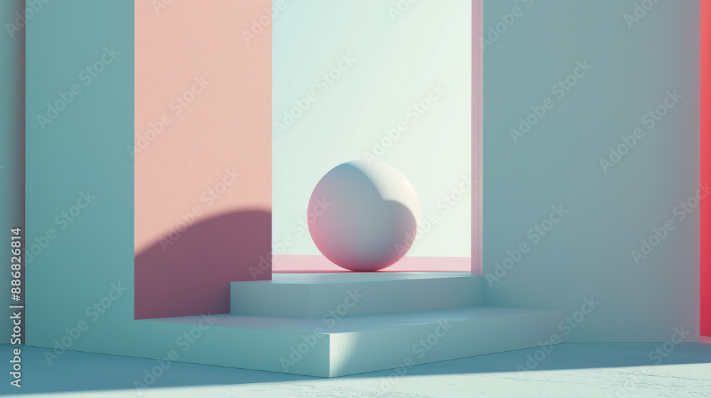 A white ball is sitting on a white platform in a room with pink walls A white ball is sitting on a white platform in a room with pink walls